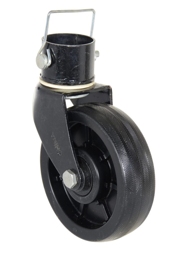 A black swivel caster with a textured rubber tire and metal bracket, resembling the Vestil Trailer Jack Nose Caster Poly 6 X 2 design. It stands upright with a metal plate and bolt on top for easy attachment.