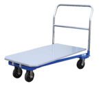 The Vestil Platform Nesting Cart 1.5K Lb Capacity is a blue and silver flatbed cart with a chrome handle and four black wheels, designed for easy maneuverability of heavy items with its flat loading surface and sturdy handle.