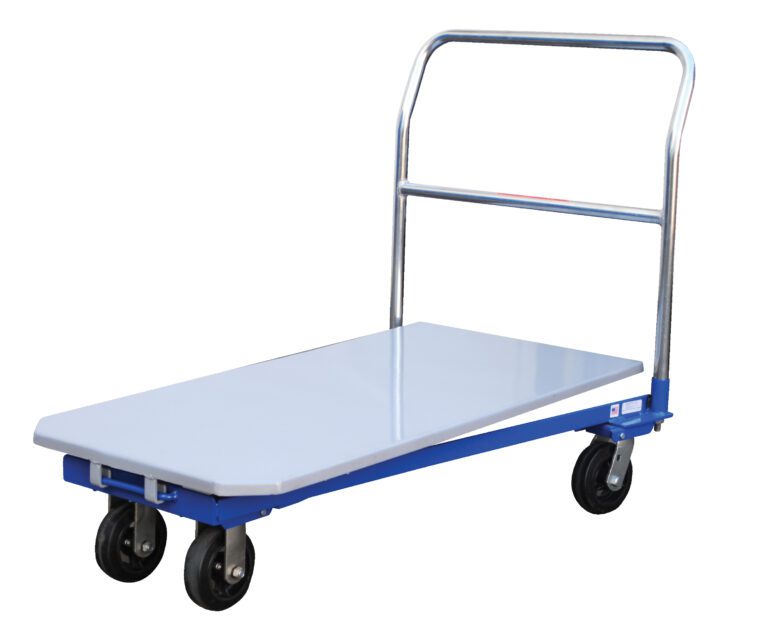 The Vestil Platform Nesting Cart 1.5K Lb Capacity is a blue and silver flatbed cart with a chrome handle and four black wheels, designed for easy maneuverability of heavy items with its flat loading surface and sturdy handle.
