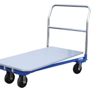 The Vestil Platform Nesting Cart 1.5K Lb Capacity is a blue and silver flatbed cart with a chrome handle and four black wheels, designed for easy maneuverability of heavy items with its flat loading surface and sturdy handle.