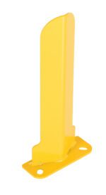 The Vestil Low Profile Rack Guard 8 X 3 X 17.875 is a yellow metal safety bollard with a rectangular base and two round mounting holes, offering a simple industrial design and a slight top curve for elegance.