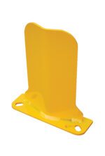 This glossy yellow metal bracket looks like a Vestil Low Profile Rack Guard 10 X 3 X 11.875, with a flat rectangular base, two circular holes at each end, and a vertical rectangular section with a rounded top attached perpendicularly for enhanced stability.