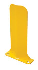 Ideal for mounting or protection, the yellow upright metal plate with a rounded top and two bolt holes at the bottom resembles the Vestil Low Profile Rack Guard 10 X 3 X 17.875 in design and function.