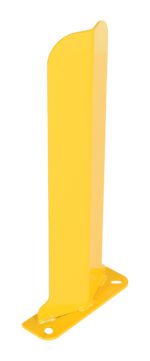 The Vestil Low Profile Rack Guard 10 X 3 X 23.875 is a tall, yellow metal bracket with a flat base and two mounting holes; it stands upright with rounded edges for durability and a sleek design, ideal for protective applications.