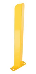 The Vestil Rack Guard 10 X 3 X 35.875 is a tall, yellow metal bollard with a flat rectangular base and two mounting holes, offering a smooth, glossy finish and a slightly curved top edge for added safety and style.