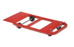 The red mechanics creeper, with a padded headrest and four black caster wheels, enables easy under-vehicle movement during repairs. Its metal frame and flat sleeper surface provide robust support akin to the Vestil Nose Plate Dolly 600 Lb Cap 32 X 15.25.