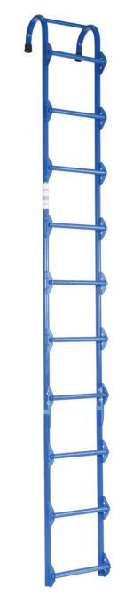 The Vestil Tank Access Ladder, a vertical blue steel ladder, is 10 ft tall with seven rungs and curved hooks for secure attachment, ensuring sturdy and safe climbing.