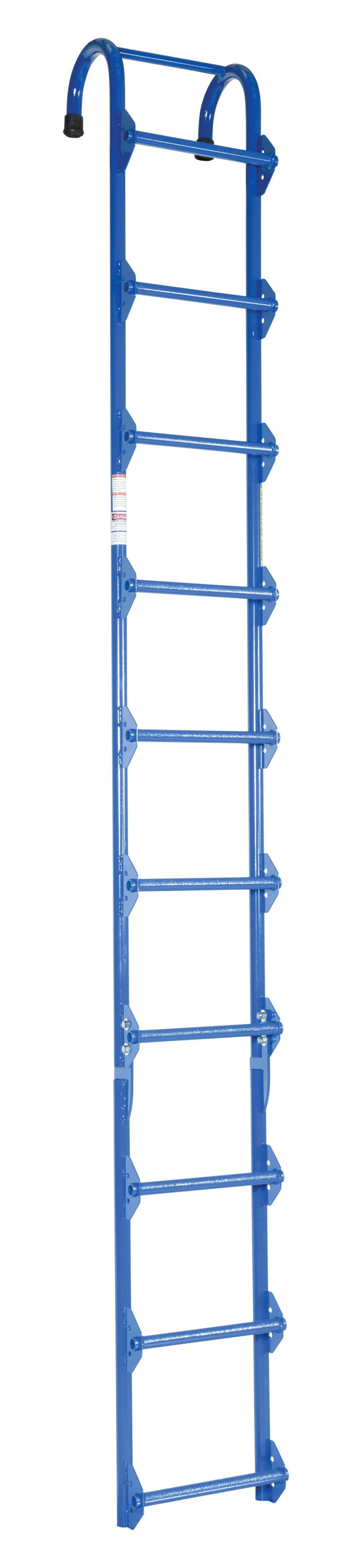 NTAL-10_A.jpg The Vestil Tank Access Ladder, a vertical blue steel ladder, is 10 ft tall with seven rungs and curved hooks for secure attachment, ensuring sturdy and safe climbing.