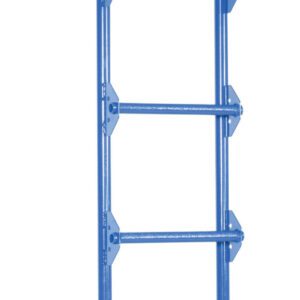 The Vestil Tank Access Ladder, a vertical blue steel ladder, is 10 ft tall with seven rungs and curved hooks for secure attachment, ensuring sturdy and safe climbing.