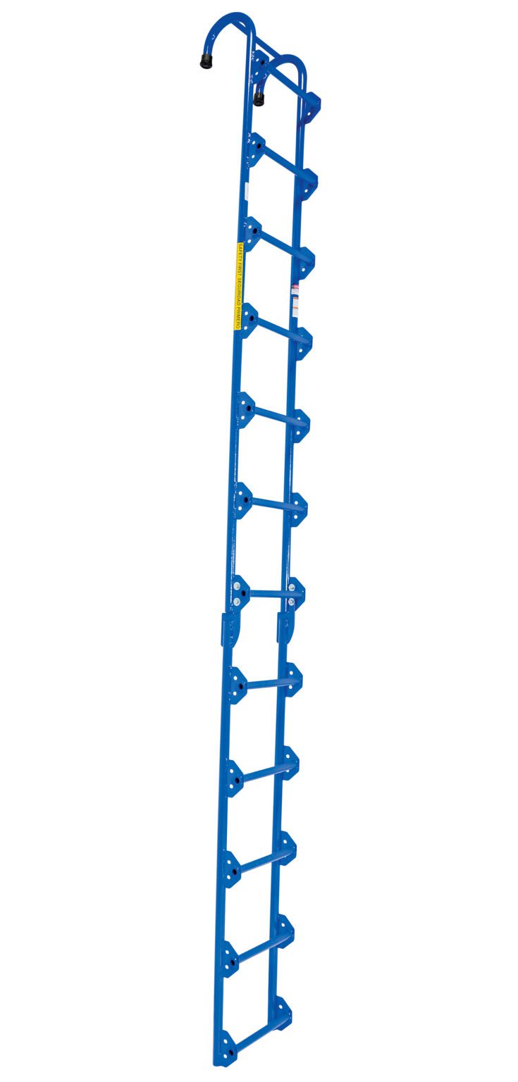 NTAL-12_A.jpg The Vestil Tank Access Ladder 12 Ft Height is a blue metal ladder with evenly spaced rungs and a hooked top end for easy hanging, providing secure access to elevated areas.