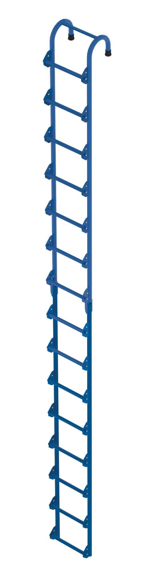 The Vestil Tank Access Ladder 15 Ft Height features a blue metal telescopic design with multiple rungs and secure hooks for stability, making it durable and accessible in various environments.