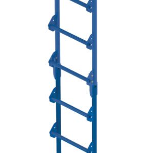The Vestil Tank Access Ladder 15 Ft Height features a blue metal telescopic design with multiple rungs and secure hooks for stability, making it durable and accessible in various environments.
