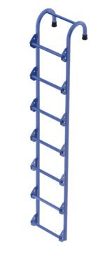 The Vestil Tank Access Ladder in blue is 7 ft tall, featuring seven rungs and black end caps at the top for secure attachment.