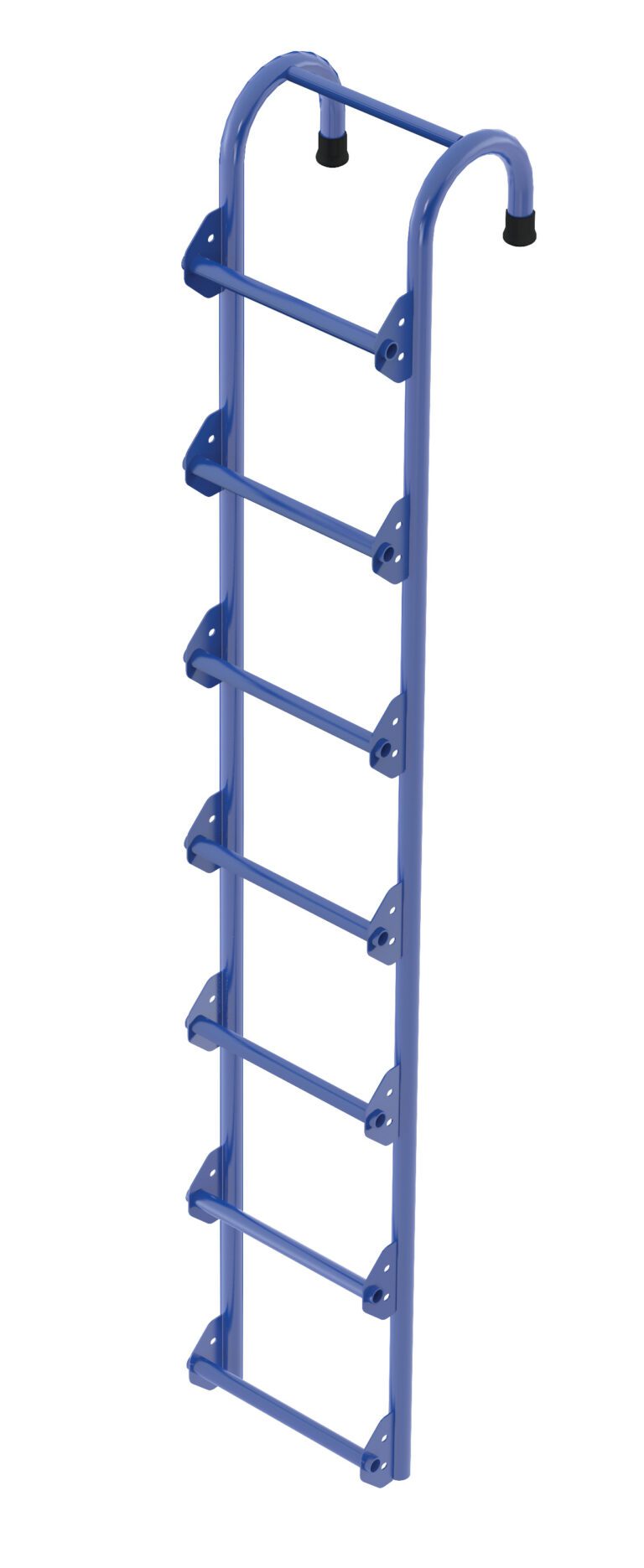 The Vestil Tank Access Ladder in blue is 7 ft tall, featuring seven rungs and black end caps at the top for secure attachment.