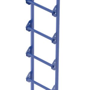 The Vestil Tank Access Ladder in blue is 7 ft tall, featuring seven rungs and black end caps at the top for secure attachment.