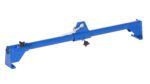 A blue metal support beam, akin to the Vestil Near Vertical Drum Lifter 1K Lb Capacity, features an adjustable mechanism with dual end supports and a central hook for lifting. It includes black adjustment knobs on each side for precision, enhancing its versatility.