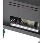 A power strip with multiple outlets is mounted inside a black metal case, which has ventilation slits. Various cables are plugged in, and the case is on wheels. A partial phone number and a web address are visible on the back panel.