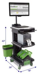 A mobile workstation with a computer monitor, keyboard, and printer on the top shelves. It has a green waste bin attached on the left and two stored green battery packs at the bottom. Dimensions are marked: 43 height, 26 depth, and 18 width.