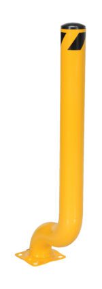 The Vestil Bollard Offset Steel 48 H, 4.5 Dia has a right-angle bend near the base with a flat rectangular mount. It features a yellow top capped in black with diagonal stripes.