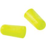 The image features E-A-Rsoft™ Yellow Neons™ Earplugs 312 (200 Pair/Case) in vibrant yellow against a white background. These cylindrical foam earplugs with rounded ends are perfect for exceptional noise reduction.