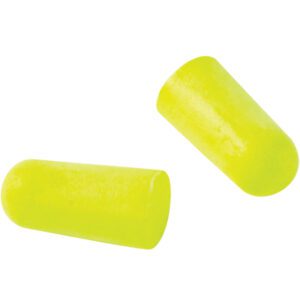 The image features E-A-Rsoft™ Yellow Neons™ Earplugs 312 (200 Pair/Case) in vibrant yellow against a white background. These cylindrical foam earplugs with rounded ends are perfect for exceptional noise reduction.