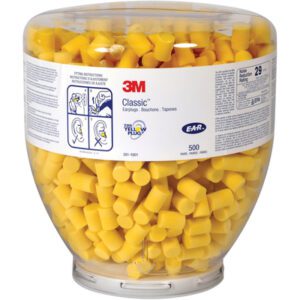 A large transparent jar containing 500 E-A-R™ Classic™ Earplugs Refill 391-1001 displays the 3M logo, usage illustrations, and detailed earplug information.