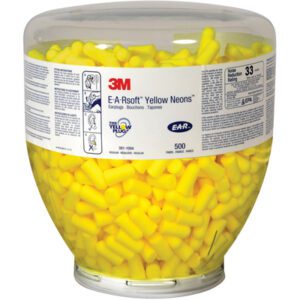 A transparent container holds E-A-Rsoft™ Yellow Neons™ Earplugs, labeled as Refill 391-1004, with 500 earplugs and a noise reduction rating of 33.