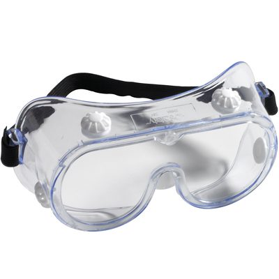 OCS1635.jpg The 3M™ AOSafety™ Chemical Splash Goggles - 334 feature a durable, transparent frame, clear safety lenses, black adjustable strap, and white vents for eye protection against debris or harmful substances.