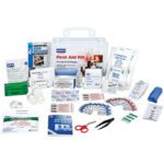 The MH-USA All Purpose First Aid Kit - 25 Person contains essentials such as bandages, gauze, antiseptic wipes, adhesive tape, scissors, tweezers, and burn dressing in a durable white plastic box for up to 25 people.