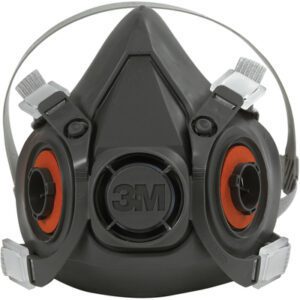 The 3M™ - 6300 Half Face Respirator in a large size offers optimal protection with a black design, two round filters, and a central vent. It features adjustable straps with gray fittings for a secure fit and prominently displays the 3M logo.