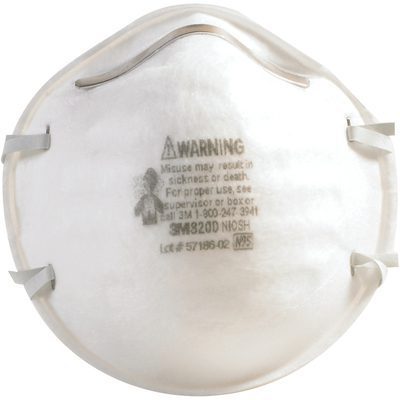 OCS8200.jpg Close-up image of a white N95 respirator mask, the 3M™ - 8200 Dust Respirator (160/Case), showing visible text and warning label.