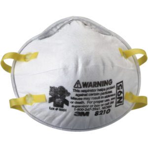 Close-up of a white 3M™ - 8210 Dust Respirator (160/Case) mask with yellow straps. Text warns about proper use and features the iconic 3M logo, highlighting its quality and reliability.