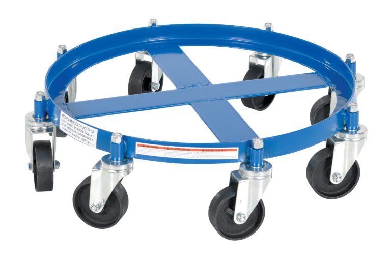 The Vestil Drum Dolly Octo is a blue metal dolly with six black caster wheels, ideal for moving and supporting 55-gallon drums. It has a circular frame with a center cross-shaped support and offers an impressive 2K lb capacity.