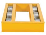 The Vestil Open Deck Machinery Dolly 24 X 36 6K, with a yellow rectangular metal frame and four cylindrical silver rollers, is perfect for effortlessly moving heavy objects.