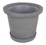 Meet the Vestil Industrial Planter in Granite Gray. This cylindrical pot, made from a stone-like material, features a wider rim and sleek design. Its paired with a matching saucer for a minimalist and functional look.