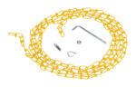 A Vestil Double Loop Coil Chain Yellow W/Hanger 15Ft is artfully coiled next to a silver L-shaped rod, small metal cylinder, nut, and U-shaped hook on a clean white background.