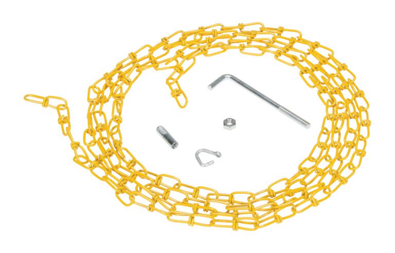 OH-15-YEL_A.jpg A Vestil Double Loop Coil Chain Yellow W/Hanger 15Ft is artfully coiled next to a silver L-shaped rod, small metal cylinder, nut, and U-shaped hook on a clean white background.