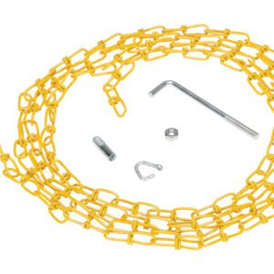 A Vestil Double Loop Coil Chain Yellow W/Hanger 15Ft is artfully coiled next to a silver L-shaped rod, small metal cylinder, nut, and U-shaped hook on a clean white background.