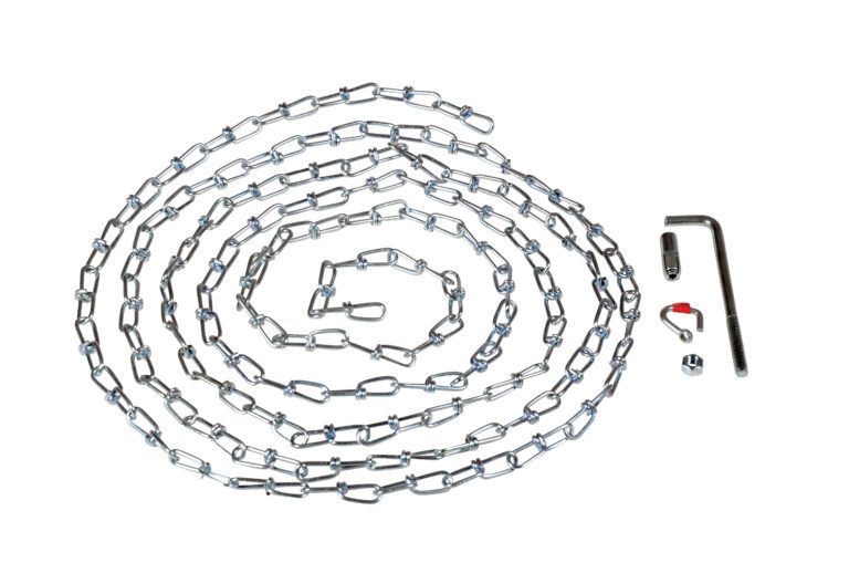 OH-15R_A.jpg A coiled Vestil Chain & Hanger W/Reflector 15 Ft with a loose link, metal hex key, and two small parts rests on a plain white background.