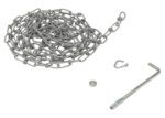 A Vestil Double Loop Coil Chain W/Hanger 15 Ft is elegantly coiled on a white background, accompanied by a hexagonal nut, small hook, and L-shaped metal tool for an industrial display.
