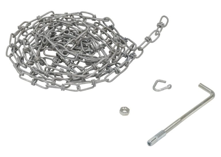 A Vestil Double Loop Coil Chain W/Hanger 15 Ft is elegantly coiled on a white background, accompanied by a hexagonal nut, small hook, and L-shaped metal tool for an industrial display.