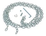 The Vestil Heavy Duty Coil Chain W/Hanger 15 Ft is showcased on a white background, highlighting various small parts including a hook, screw, bolt, and an L-shaped key.