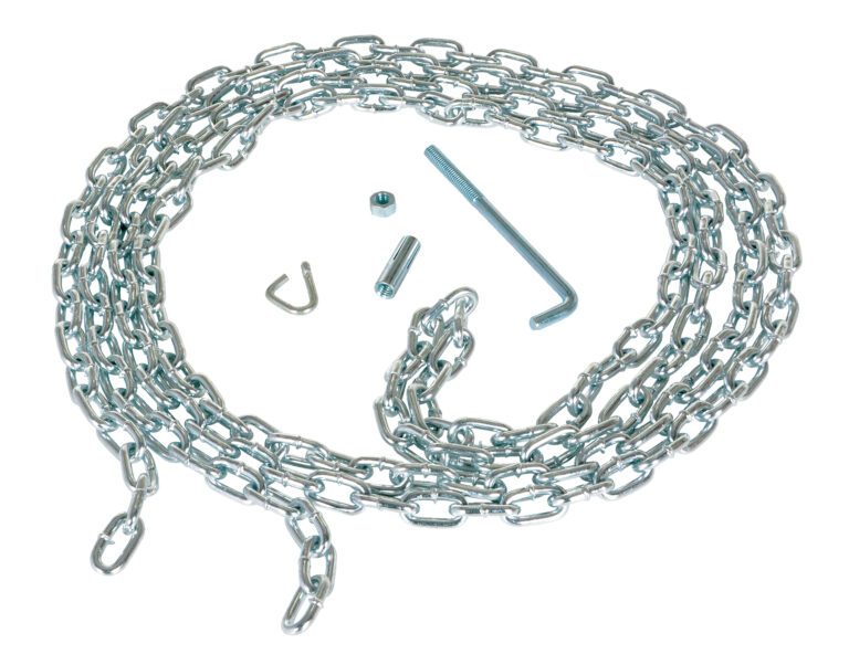 The Vestil Heavy Duty Coil Chain W/Hanger 15 Ft is showcased on a white background, highlighting various small parts including a hook, screw, bolt, and an L-shaped key.
