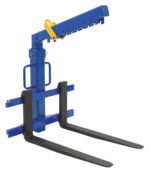 The Vestil Deluxe Overhead Load Lifter 36Fork 2000 is a blue forklift attachment with dual black 36 forks, a yellow safety latch, handles, and a sturdy rectangular frame, ideal for safely lifting and moving pallets up to 2000 pounds.
