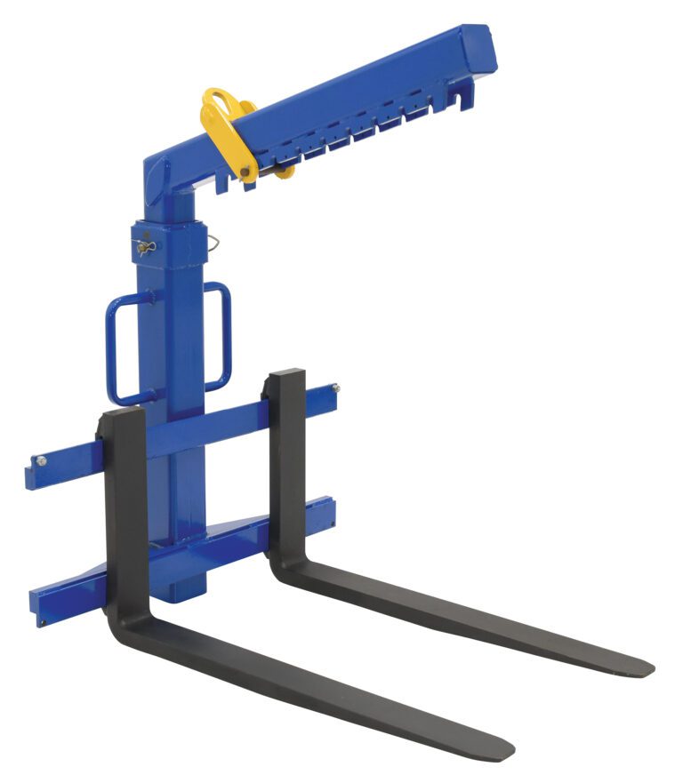 OLA-2-42-DLX_A.jpg The Vestil Deluxe Overhead Load Lifter 42Fork 2000 is a blue and yellow forklift attachment with 42 forks, capable of lifting up to 2000 lbs, featuring long black prongs, side handles, and a top mechanism for effective drum security.