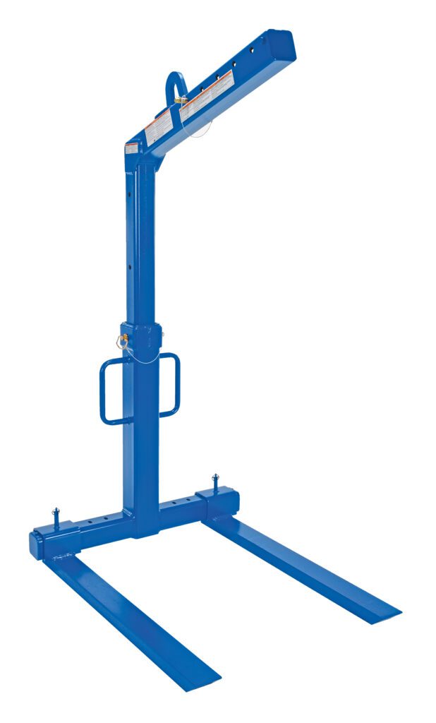 The Vestil Overhead Load Lifter Adjut 2K Cap is a blue industrial lifter with a vertical column, horizontal arm, and two extended base forks ideal for heavy lifting and material handling in warehouses or factories.