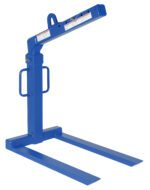 The Vestil Overhead Load Lifter Fixed 4K Cap is a blue industrial forklift attachment with two prongs and a vertical handle, featuring a fixed 4,000 lb capacity and a clearly marked instruction label on top.