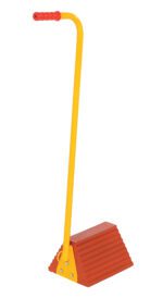 A toy pogo stick with a bright yellow handle, red grip, foot pedal, and ridged base offers comfort and control similar to the durable build of the Vestil Molded Ergo-Handled Wheel Chock 8 In.