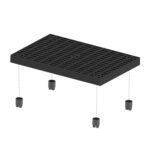 A 3D illustration of a black pallet with a grid pattern shows it elevated on four detachable circular feet, with dotted lines connecting each to the underside, similar to assembling the versatile Vestil Add-A-Level Add-On 24 X 36 X 2.625 inches.