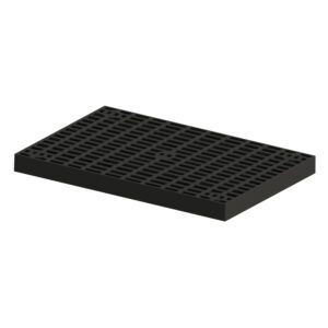 The Vestil Add-A-Level Base 24 X 36 X 2.875 is a black rectangular plastic pallet with a grid surface pattern of evenly spaced squares and a solid border, showcased on a white background.